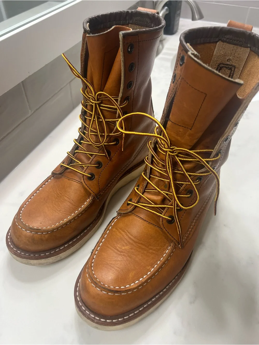 Red Wing Shoes Moc Toe Work Boots - Cognac Brown with Yellow Laces